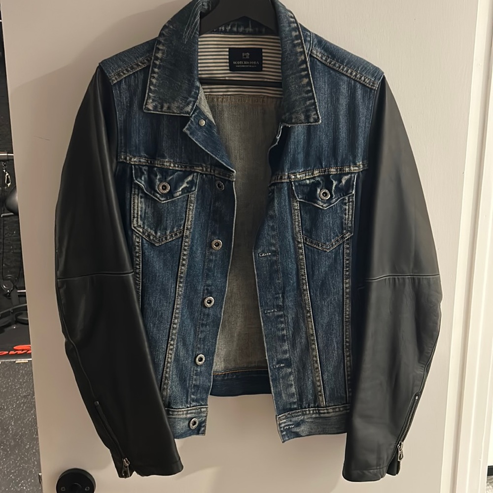 Scotch & soda vintage denim jean jacket vegan leather sleeves size small
